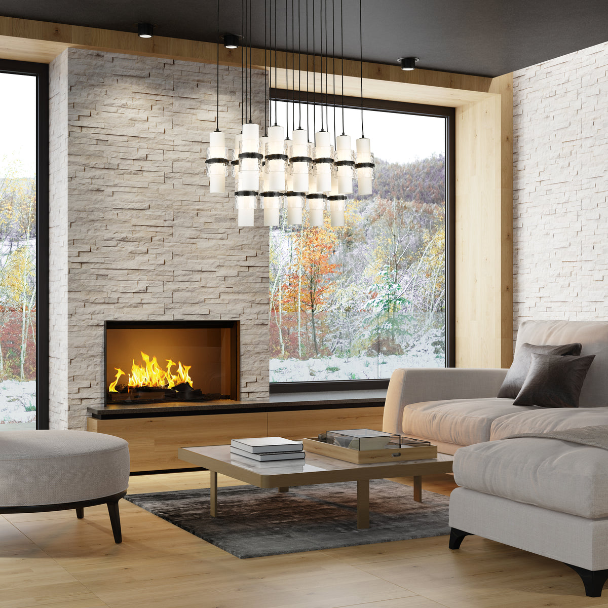 Suspension linéaire multiple Cayden Noir mat, nombre ampoules 17 – vue 2