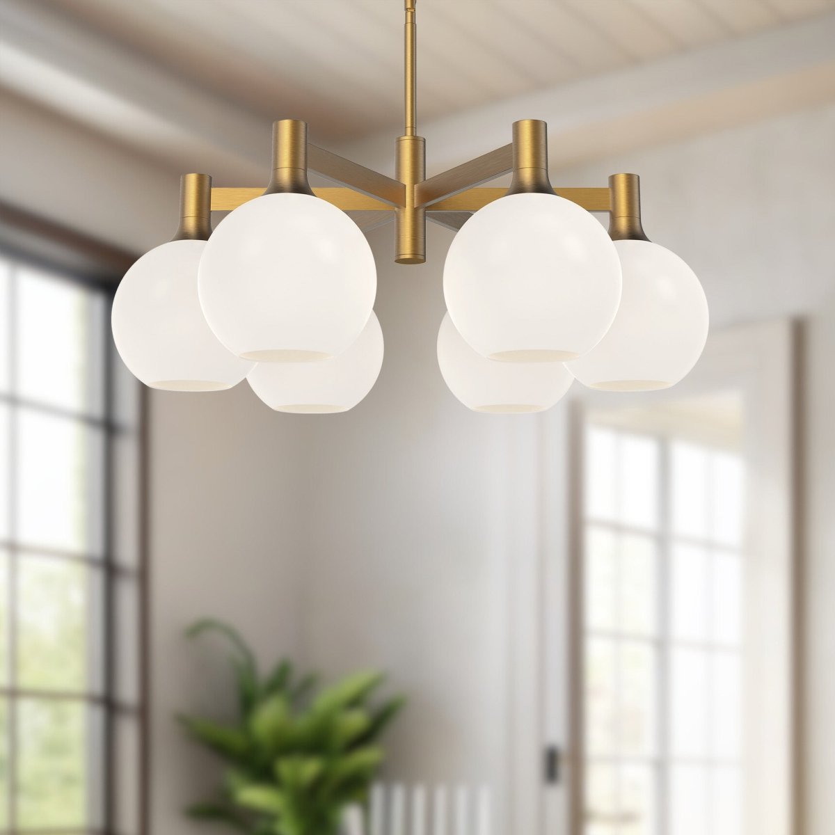 Chandelier Castilla - Or vieilli / Verre opale mat 6 by Alora Lighting | Luminaires & cie