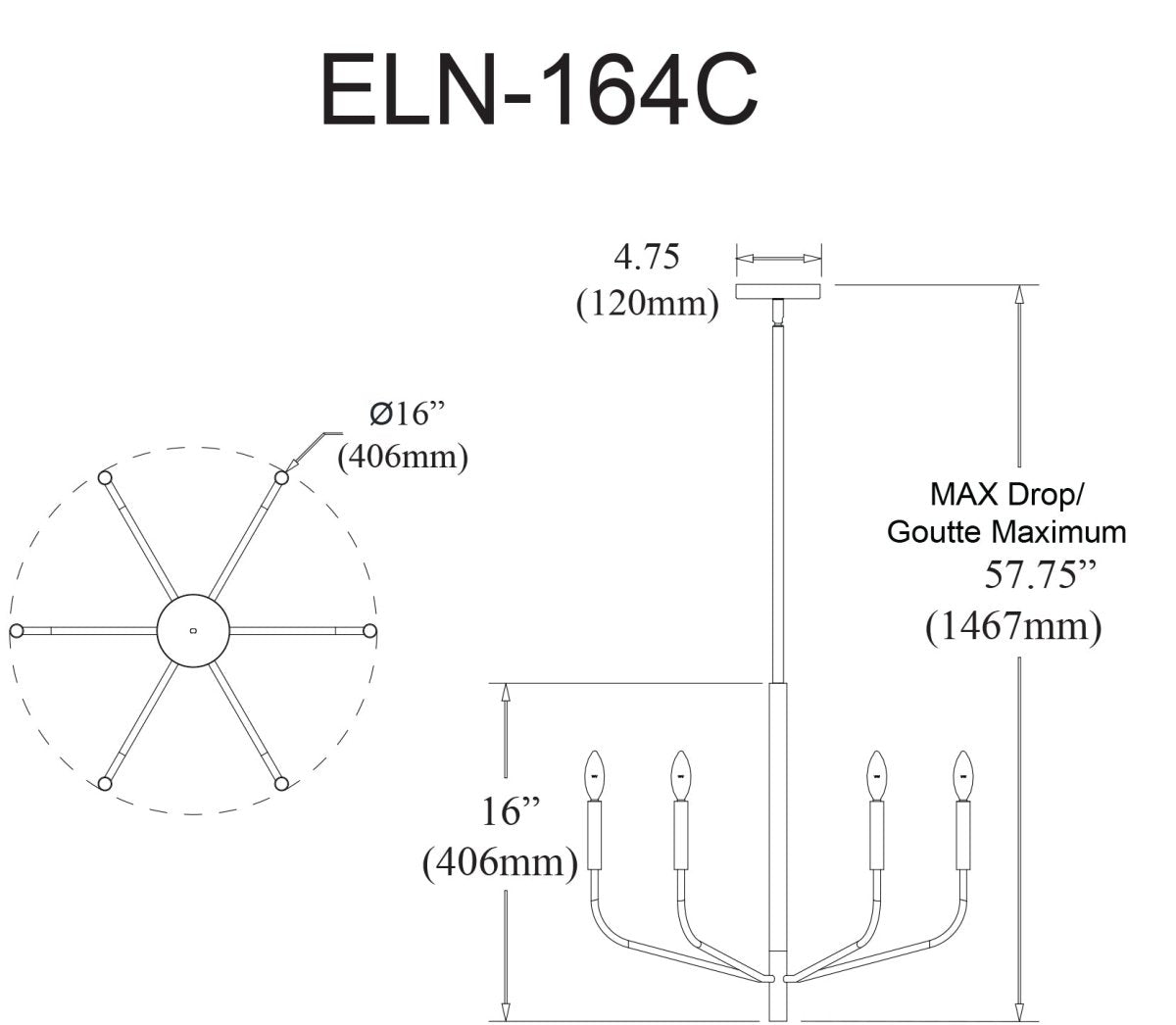 Chandelier Eleanor - Noir mat 16" 1 étage by Dainolite | Luminaires & cie