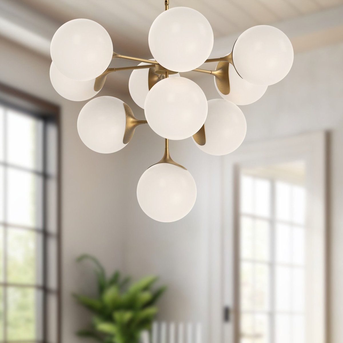 Chandelier Nouveau - Verre mate d'or / opale âgé 34 7/8" by Alora Lighting | Luminaires & cie
