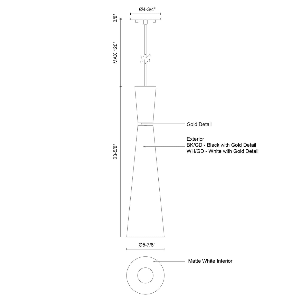 Mini-suspension Vanderbilt Noir / Or, 5 7/8" – vue 3