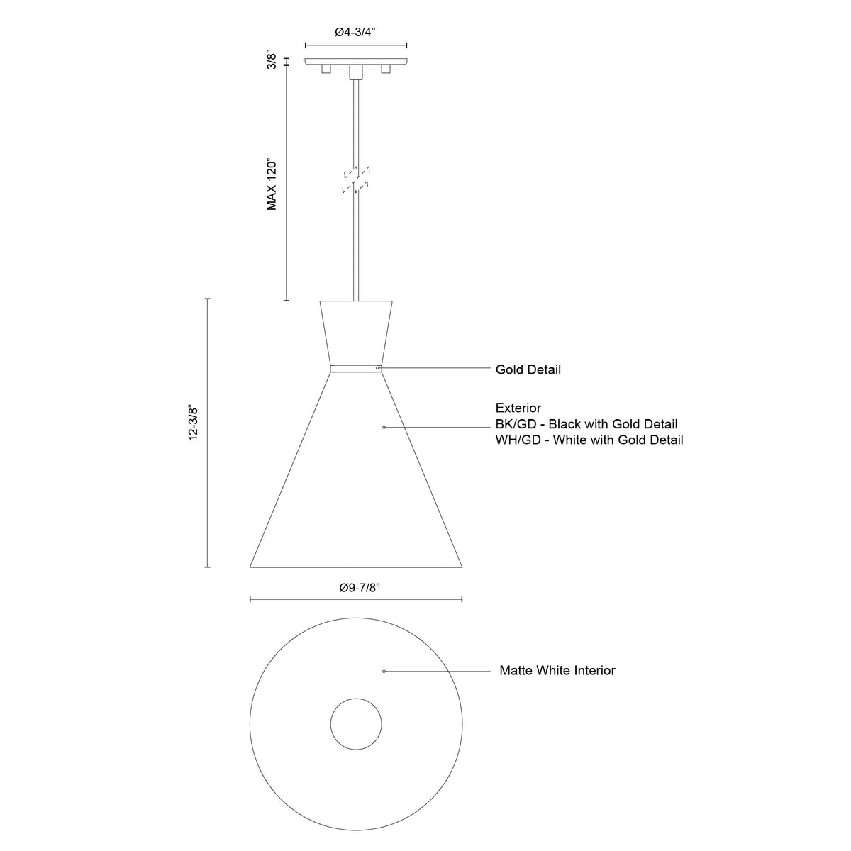 Mini-suspension Vanderbilt Noir / Or, 9 7/8" – vue 3