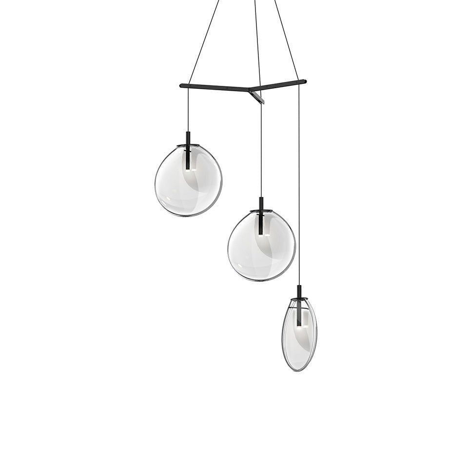 Suspension Cantina Multiple - Medium 3 - lumières Trio Noir satiné avec verre Transparent by Sonneman | Luminaires & cie