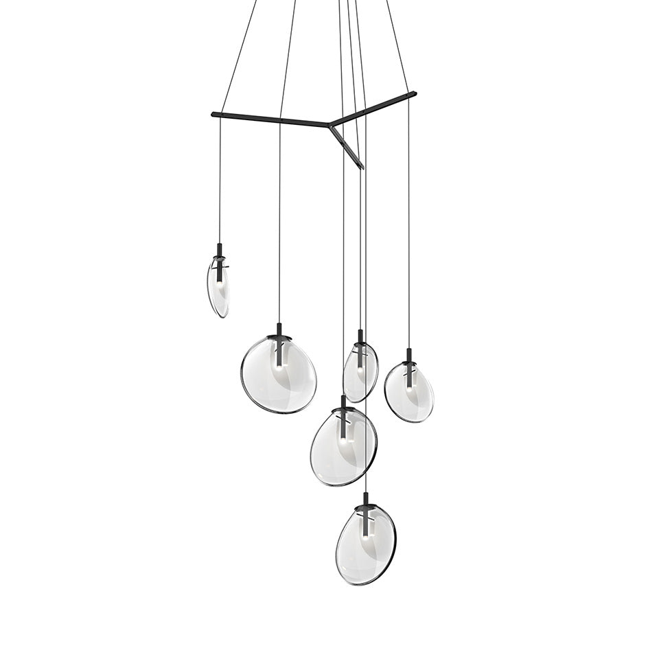 Suspension Cantina Multiple - 6 - lumières Trio Mix Noir satiné avec verre Transparent by Sonneman | Luminaires & cie