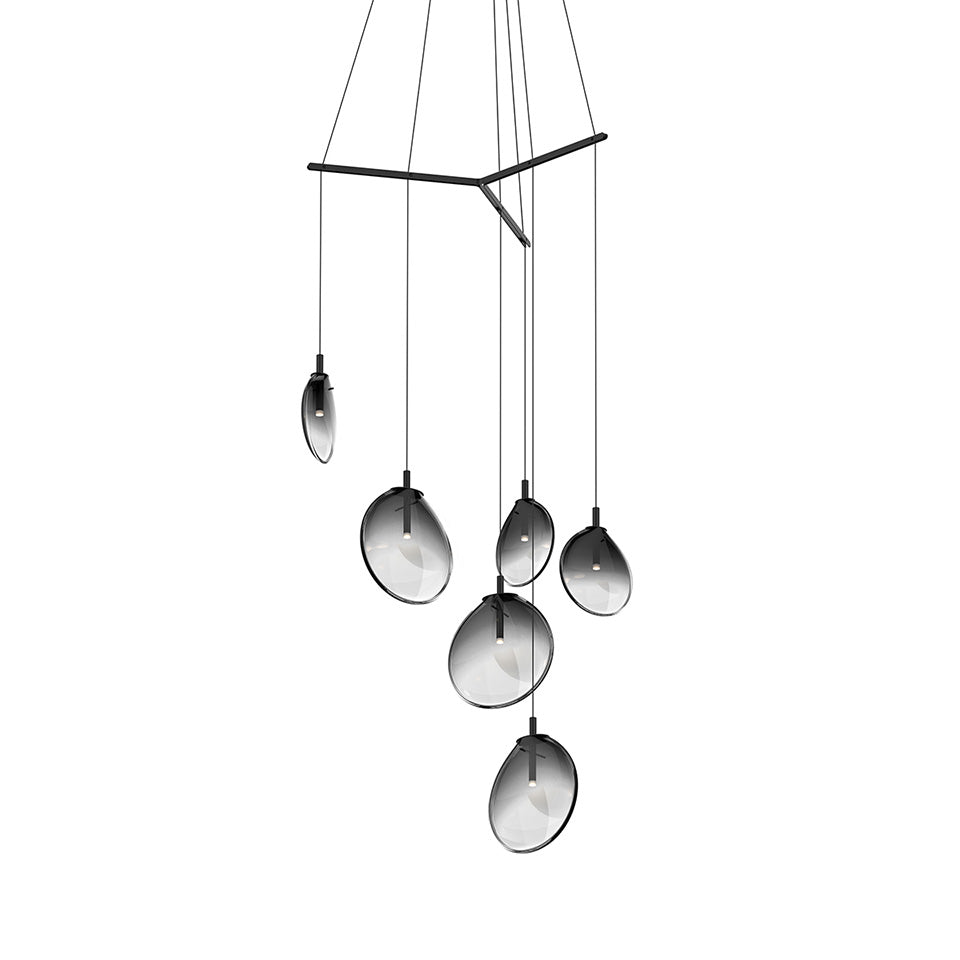 Suspension Cantina Multiple - 6 - lumières Trio Mix Noir satiné avec vitre Fondue Fumée by Sonneman | Luminaires & cie