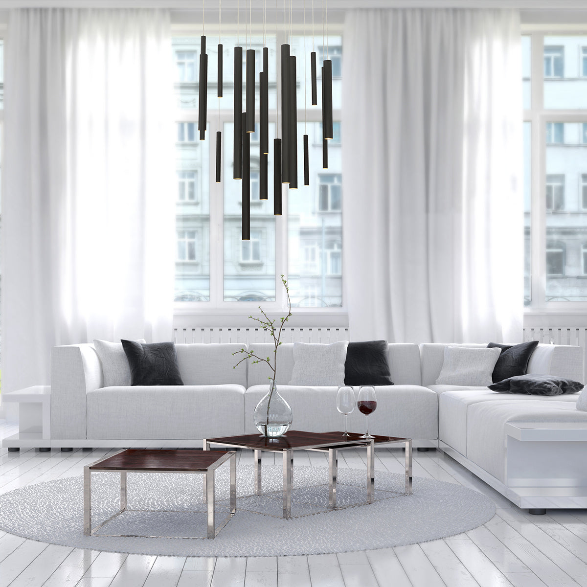 Suspension linéaire multiple Santana Noir mat, nombre ampoules 18 – vue 4