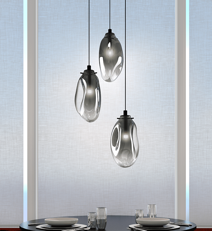 Suspension Liquid Multiple - 6" Dia (Régulier) Noir satiné avec verre Transparent 3 - lumières Canopé Rond by Sonneman | Luminaires & cie