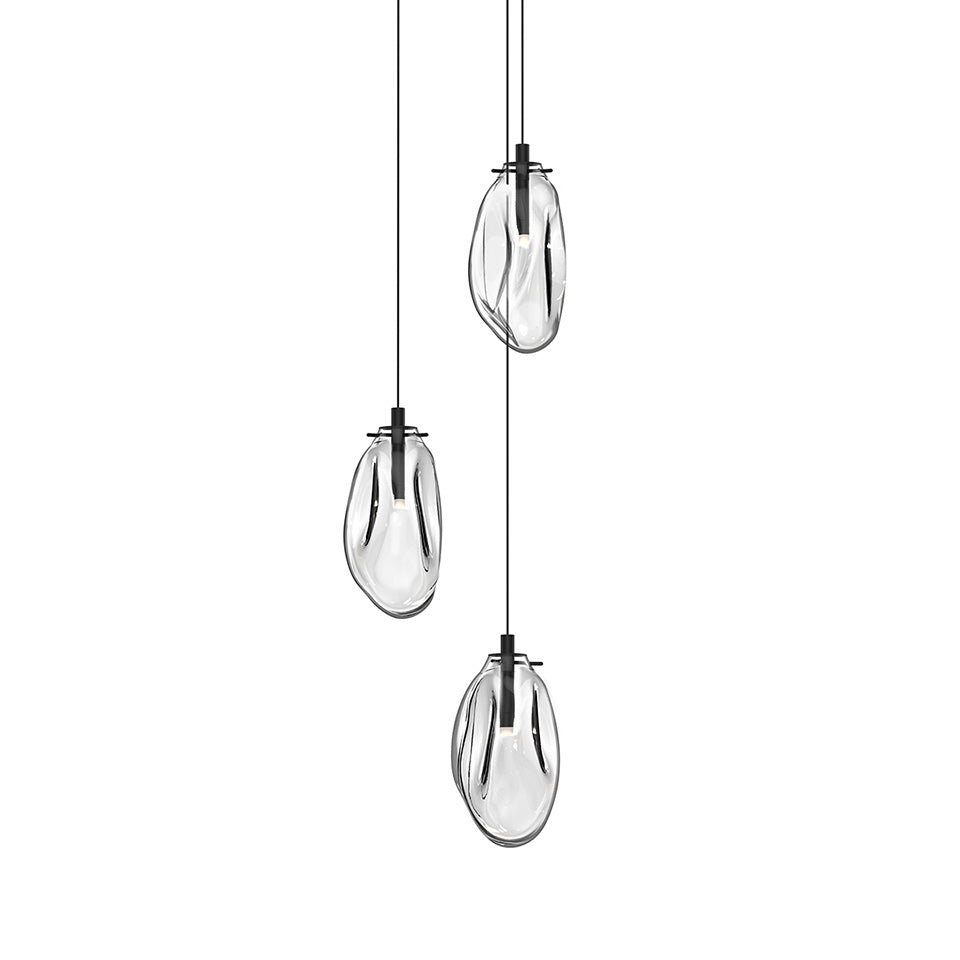 Suspension Liquid Multiple - 6" Dia (Régulier) Noir satiné avec verre Transparent 3 - lumières Canopé Rond by Sonneman | Luminaires & cie