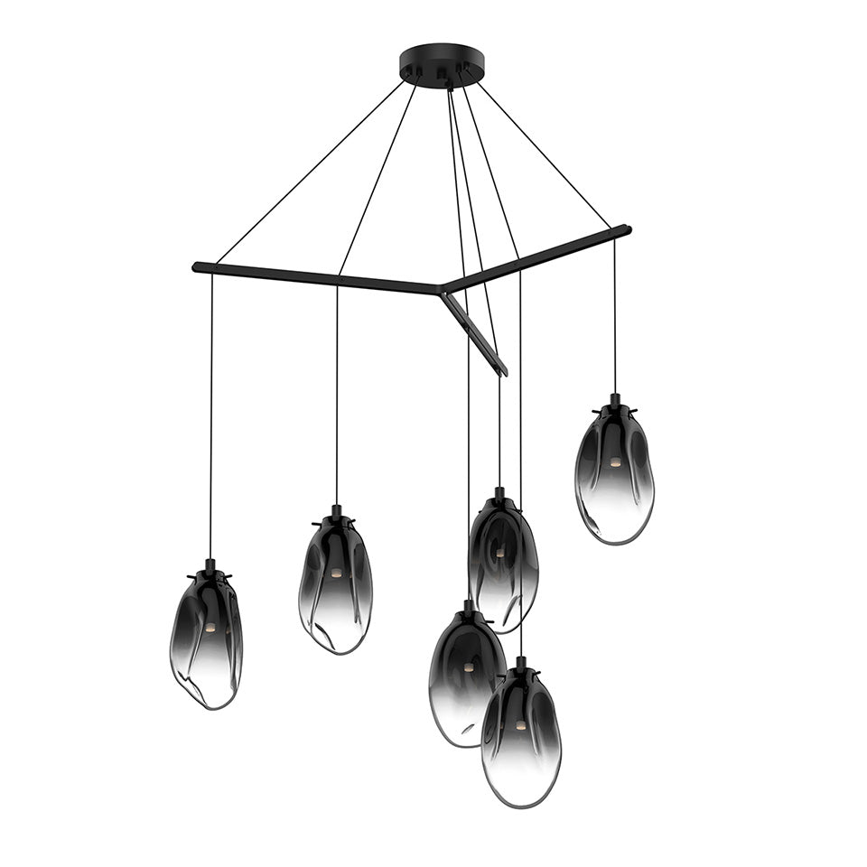 Suspension Liquid Multiple - 6" Dia (Régulier) Noir satiné avec vitre Fondue Fumée 6 - lumières Trio by Sonneman | Luminaires & cie