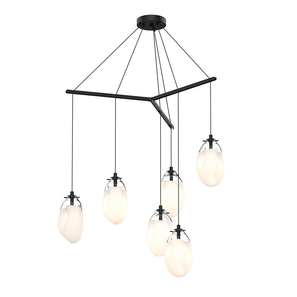 Suspension Liquid Multiple - 6" Dia (Régulier) Noir satiné avec verre Blanc Coulé 6 - lumières Trio by Sonneman | Luminaires & cie