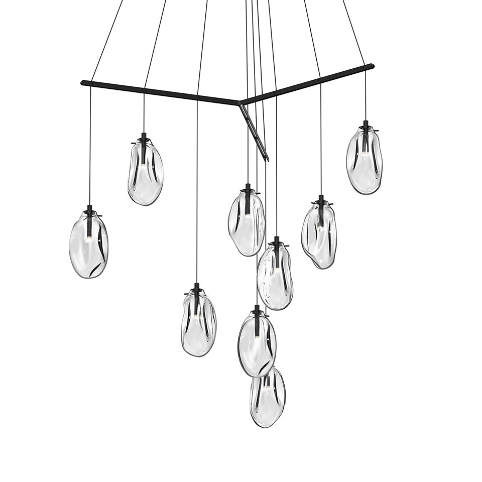 Suspension Liquid Multiple - 6" Dia (Régulier) Noir satiné avec verre Transparent 9 - lumières Trio by Sonneman | Luminaires & cie
