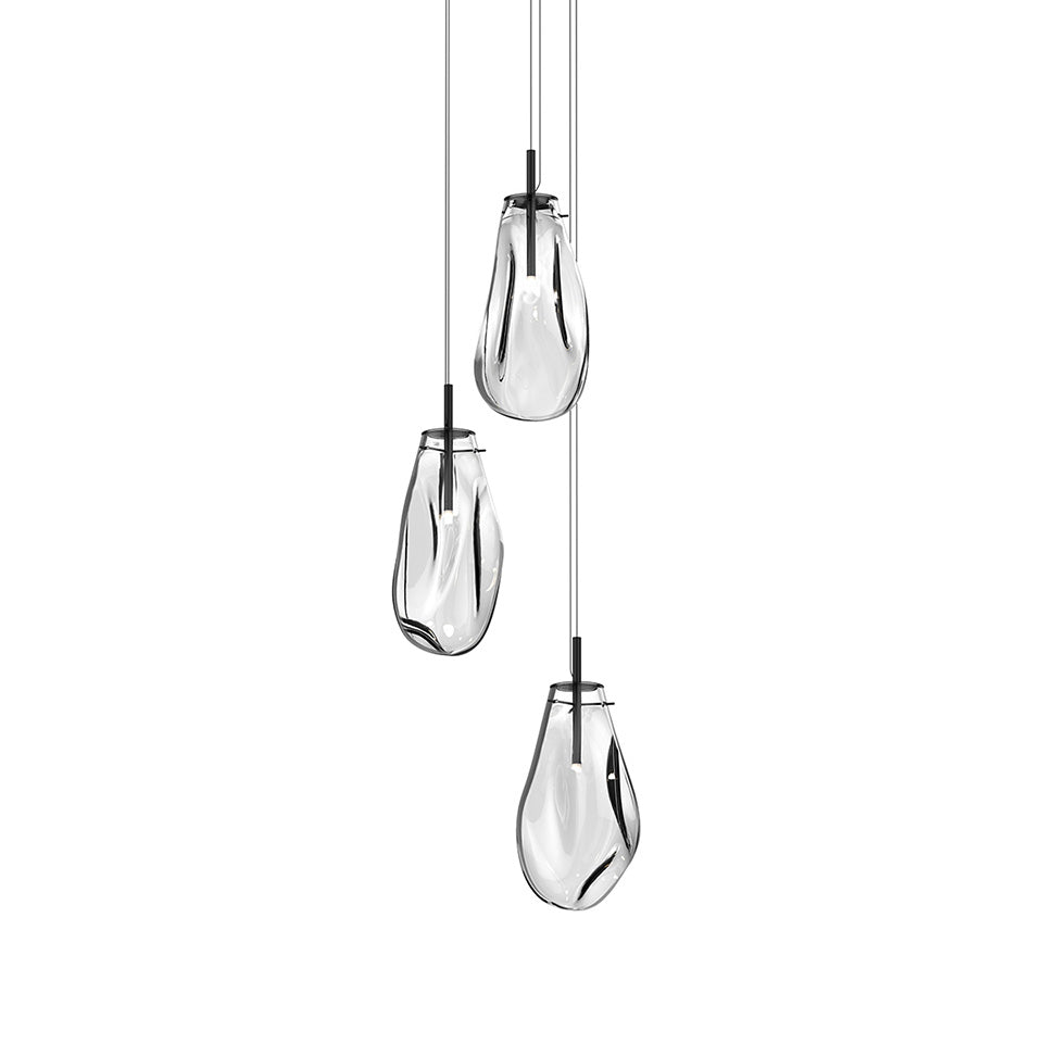 Suspension Liquid Multiple - 10.5 Dia (Large) Noir satiné avec verre Transparent 3 - lumières Canopé Rond by Sonneman | Luminaires & cie