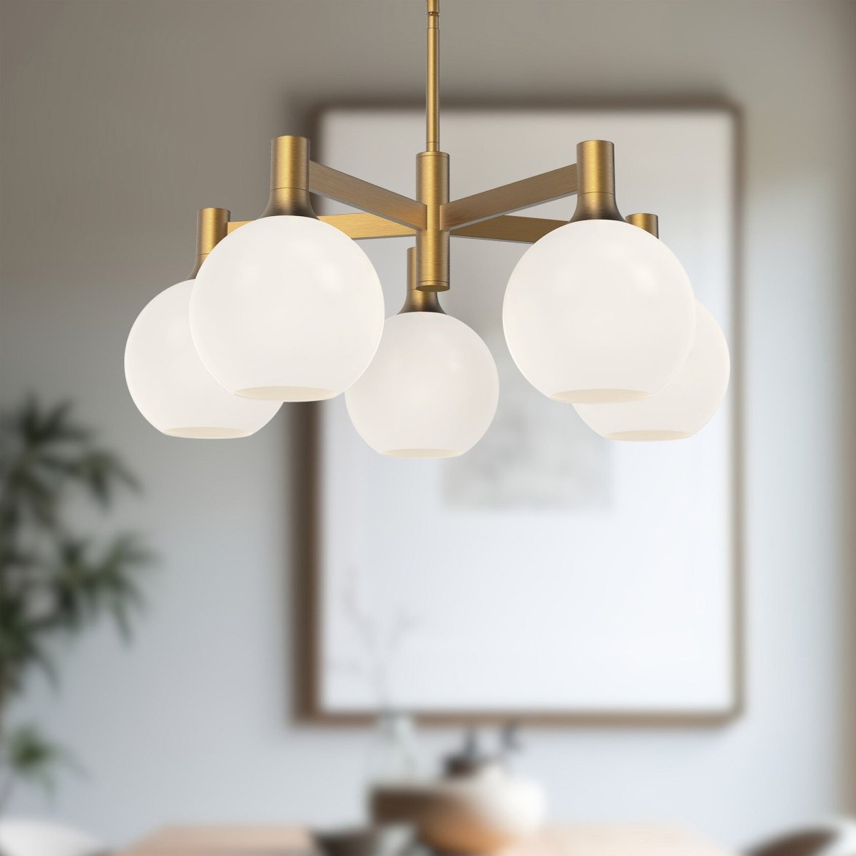 Chandelier Castilla - Or vieilli / Verre opale mat 5 by Alora Lighting | Luminaires & cie