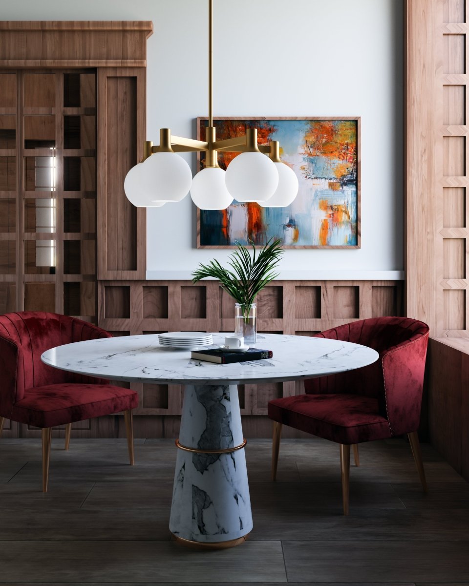 Chandelier Castilla - Or vieilli / Verre opale mat 6 by Alora Lighting | Luminaires & cie