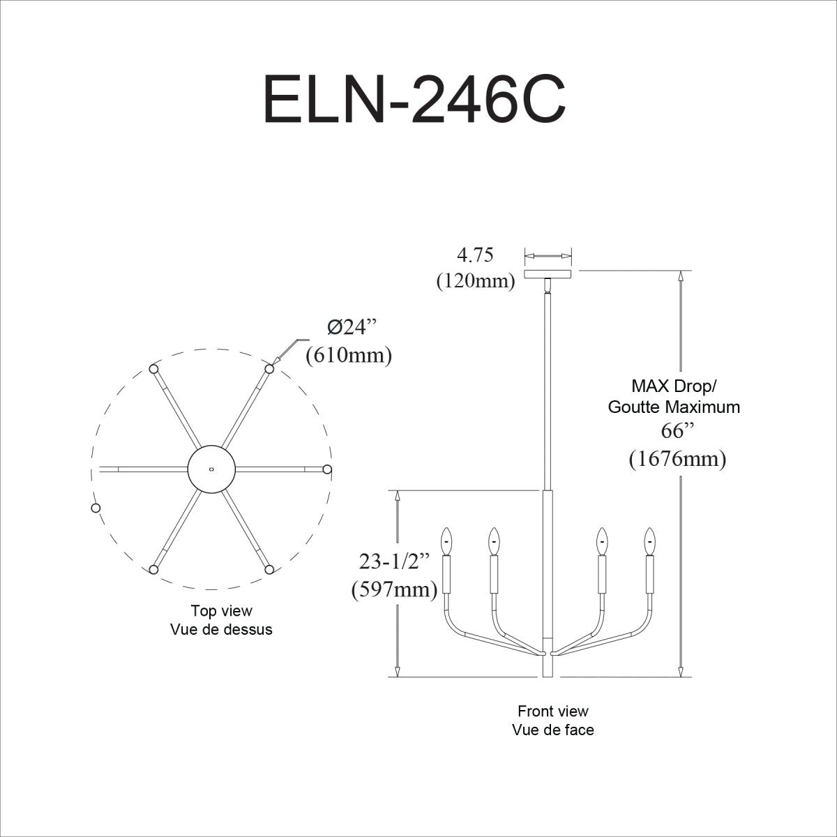 Chandelier Eleanor - Noir mat 24" 1 étage by Dainolite | Luminaires & cie