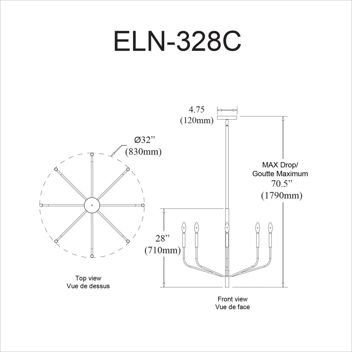 Chandelier Eleanor - Noir mat 32" 1 étage by Dainolite | Luminaires & cie