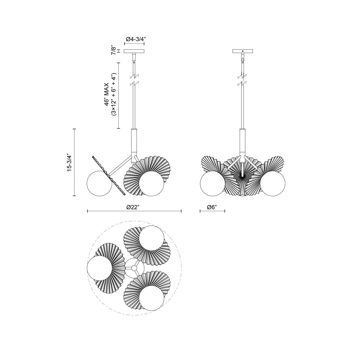 Chandelier Plume - Gold - or / Verre d'Opale 22" by Alora Lighting | Luminaires & cie