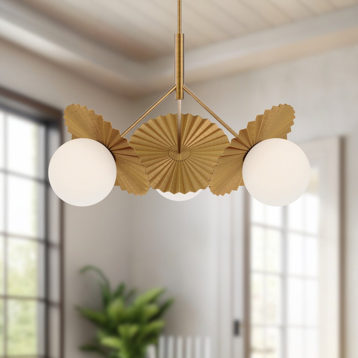 Chandelier Plume - Gold - or / Verre d'Opale 33 5/8" by Alora Lighting | Luminaires & cie