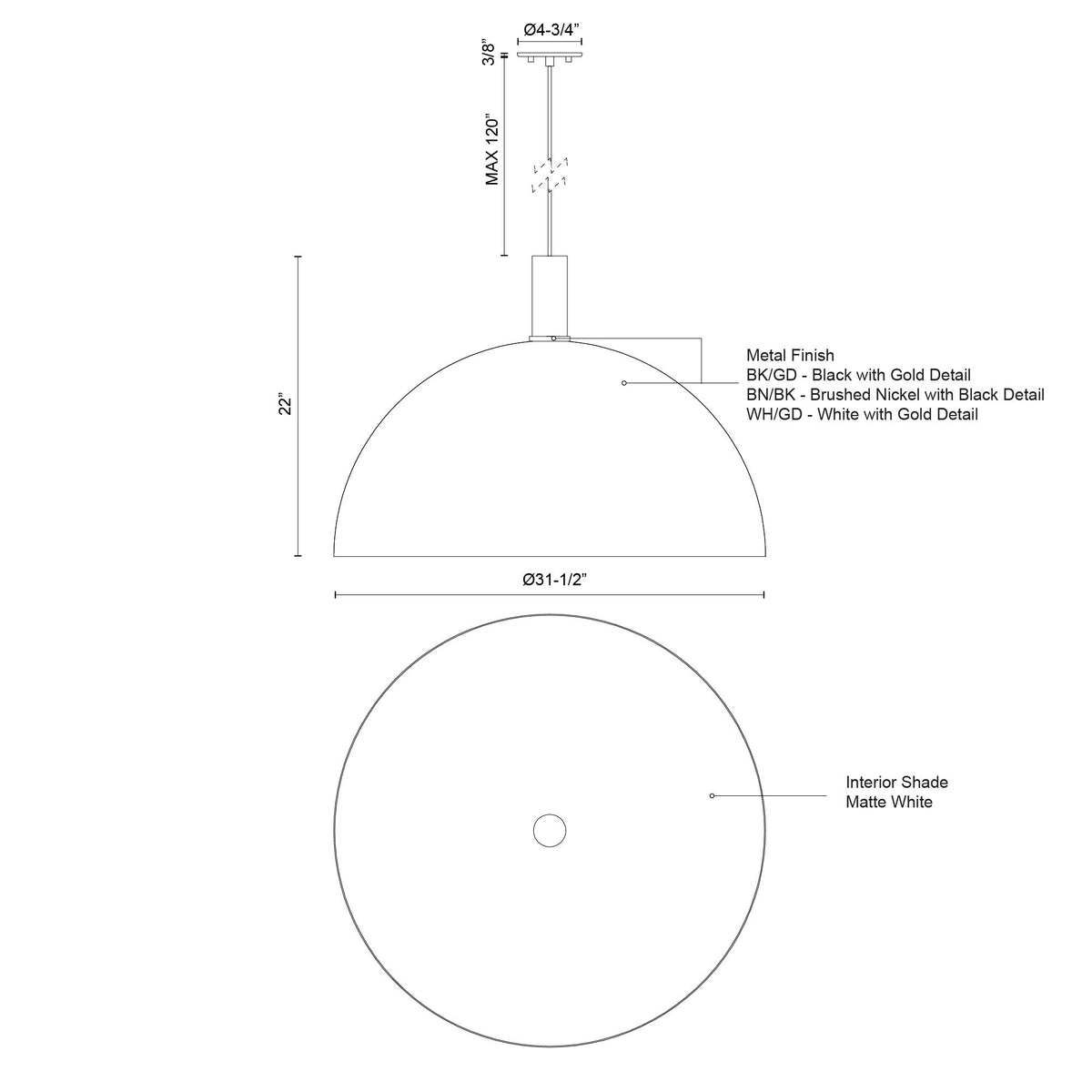 Suspension Archibald Noir / Or, 31 1/2" – vue 3