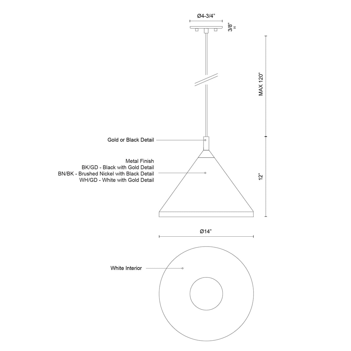 Suspension Dorothy Noir / Or, 14" – vue 3