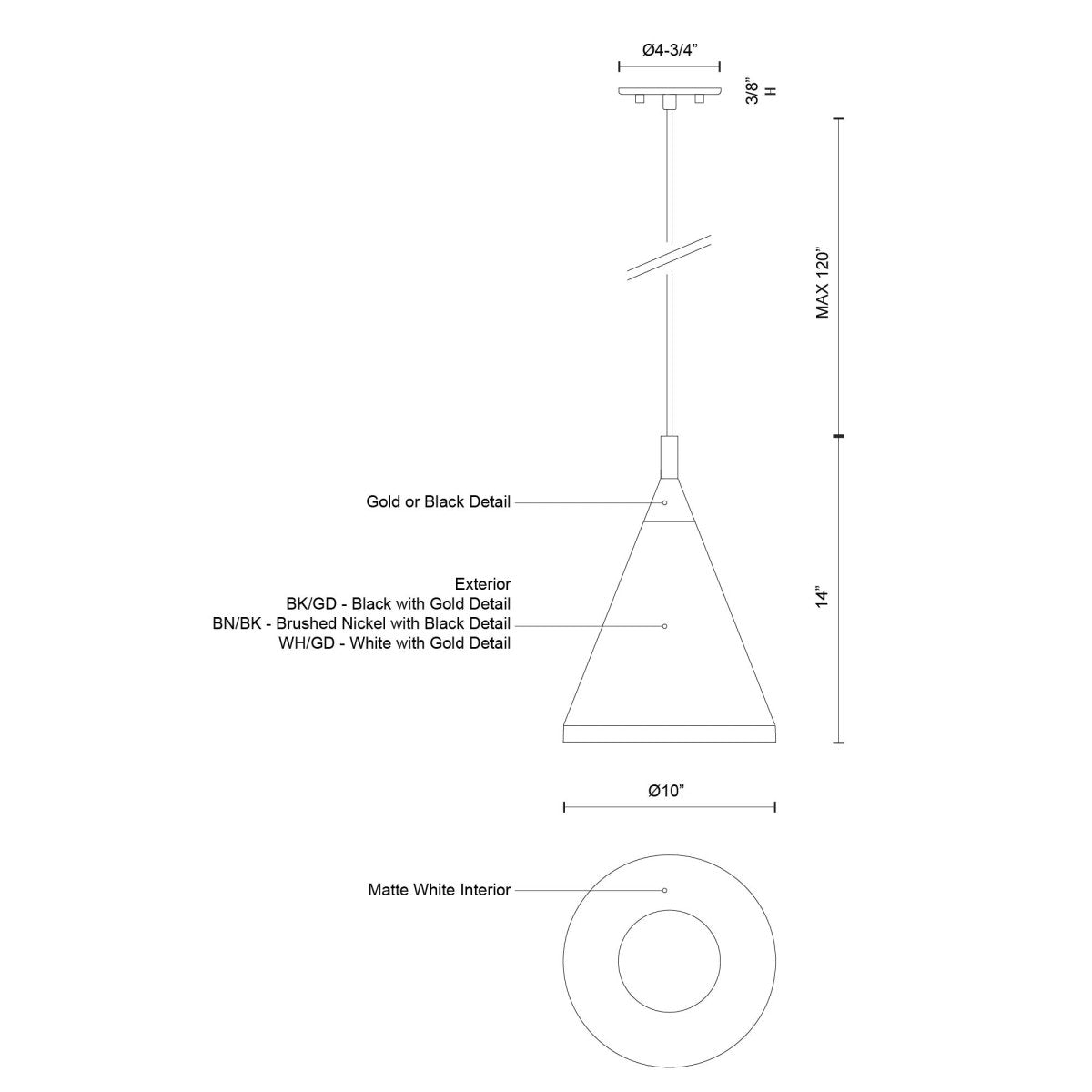 Suspension Dorothy - Noir avec détail d'or 10" by Kuzco Lighting | Luminaires & cie