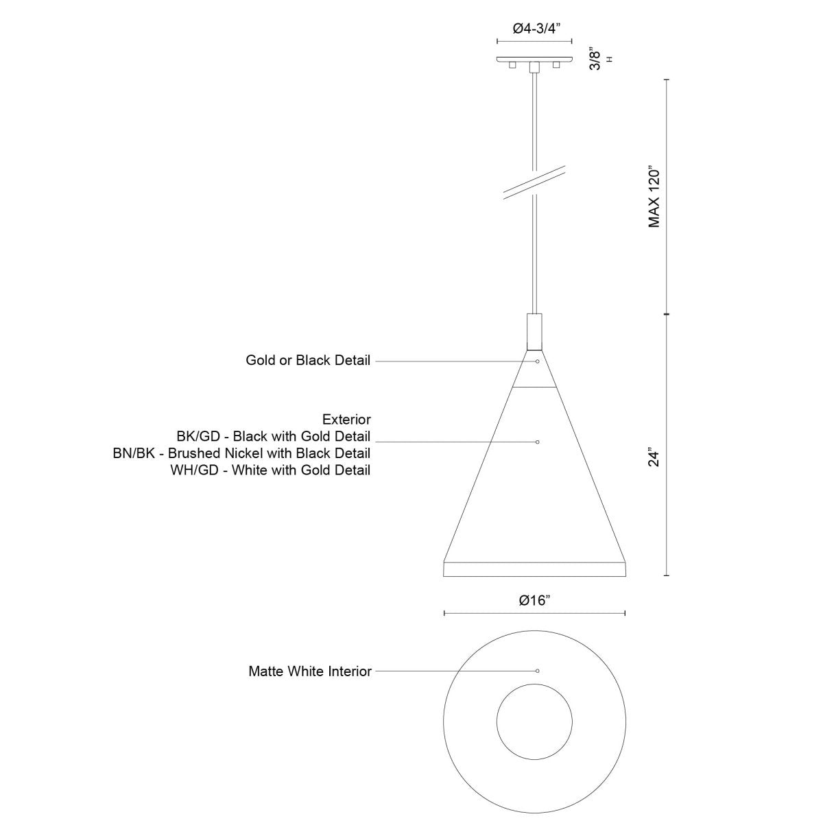 Suspension Dorothy - Noir avec détail d'or 16" by Kuzco Lighting | Luminaires & cie