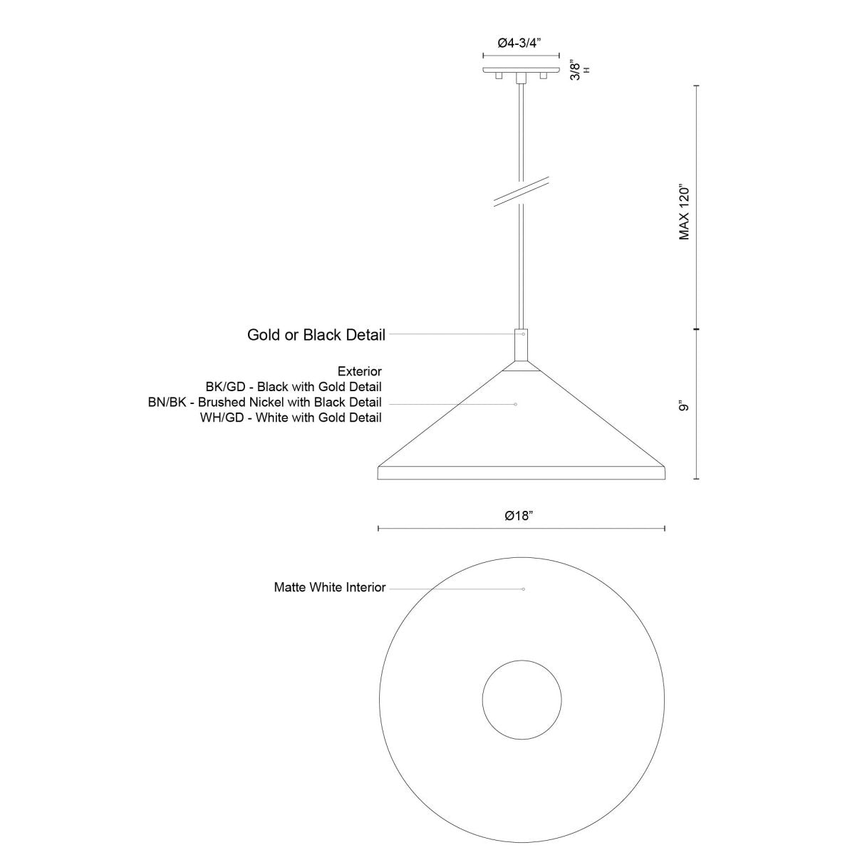 Suspension Dorothy - Noir avec détail d'or 18" by Kuzco Lighting | Luminaires & cie