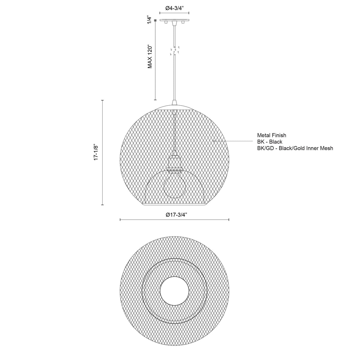 Suspension Gibraltar Noir / Or, 17 3/4" – vue 3