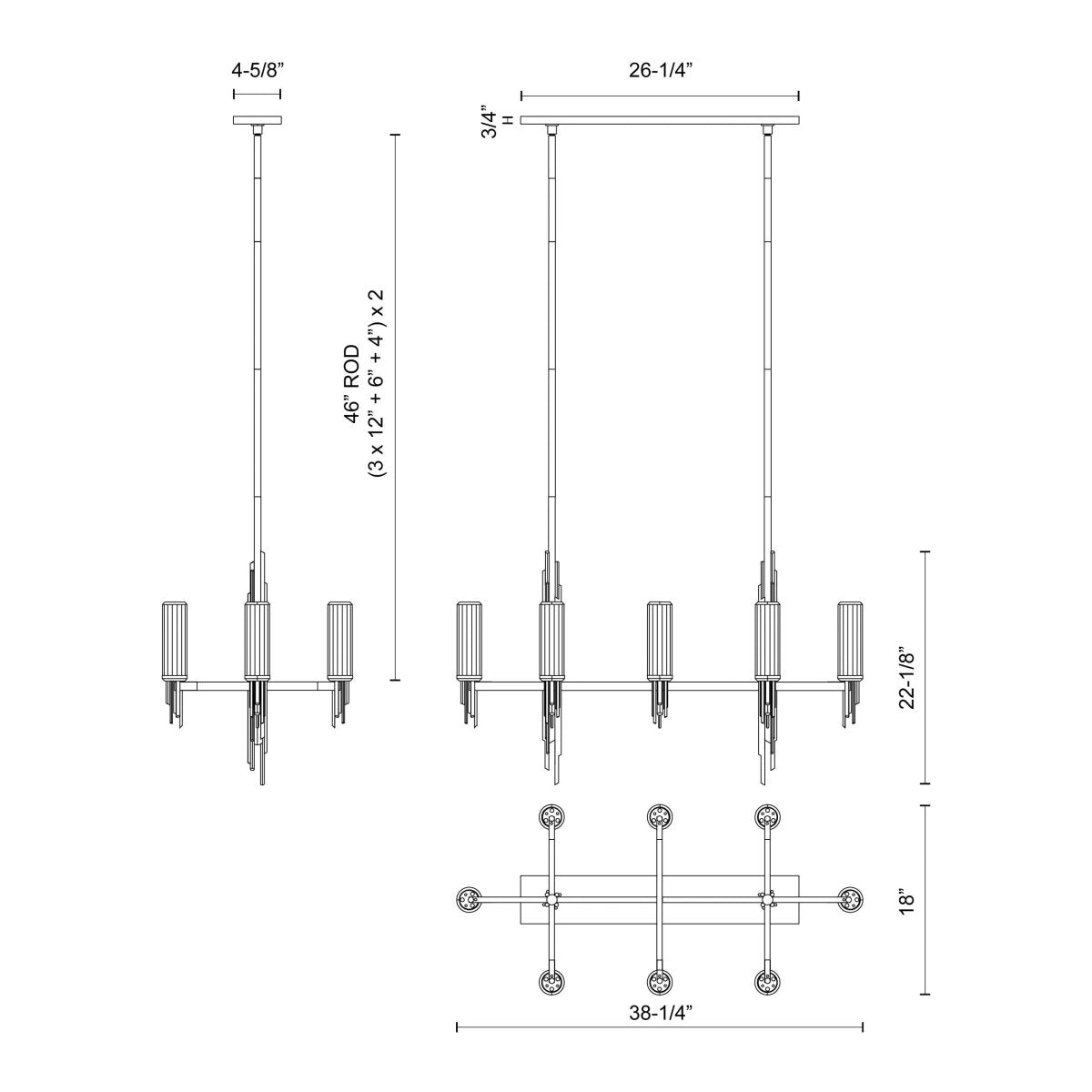 Suspension linéaire Torres - Verre côtelé transparent / noir mat by Alora Lighting | Luminaires & cie