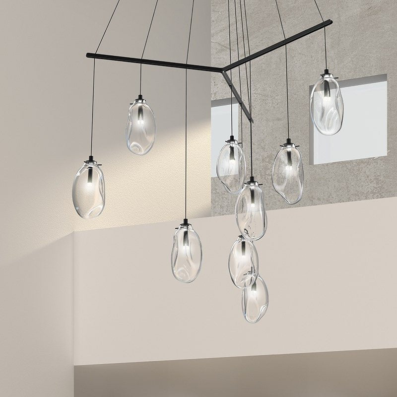Suspension Liquid Multiple - 6" Dia (Régulier) Noir satiné avec verre Transparent 3 - lumières Canopé Rond by Sonneman | Luminaires & cie
