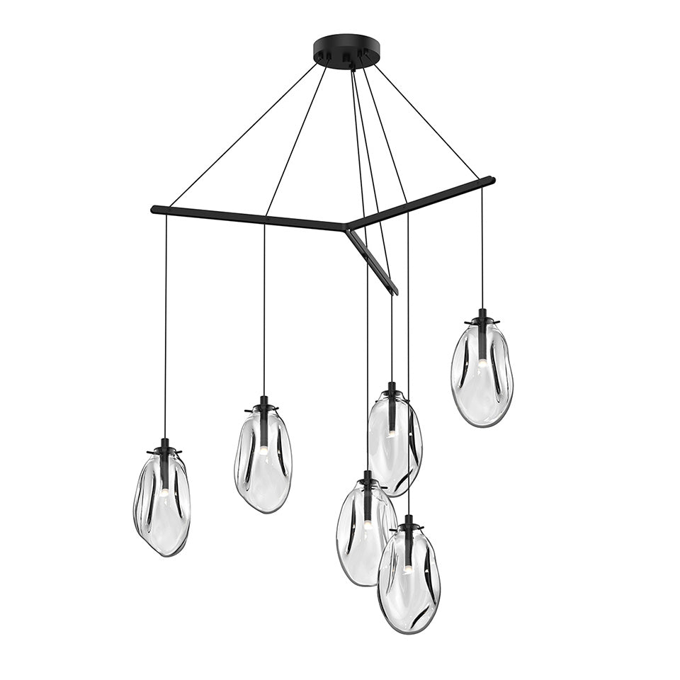 Suspension Liquid Multiple - 6" Dia (Régulier) Noir satiné avec verre Transparent 6 - lumières Trio by Sonneman | Luminaires & cie