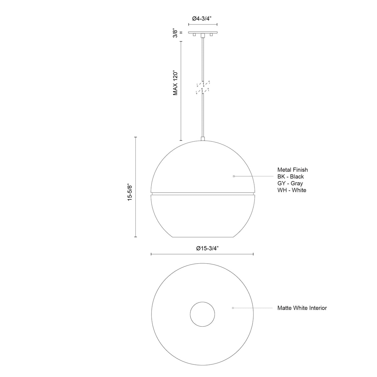 Suspension Lucas Noir, 15 3/4" – vue 3