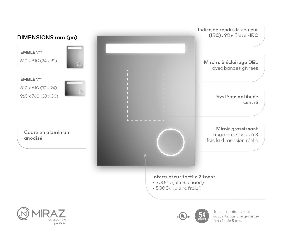 Miroir rétroéclairé Emblem - 24" X 32" by Miraz | Luminaires & cie